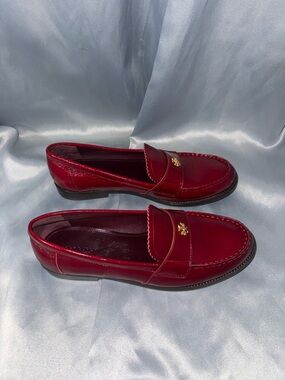 Tory Burch Burgundy Leather Loafers with Gold Logo